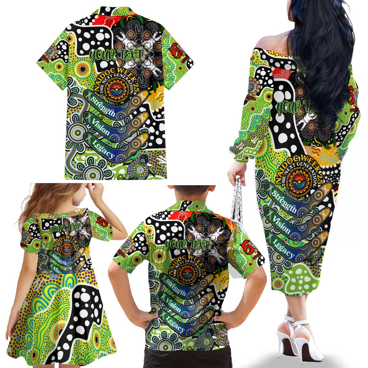 Personalised Raiders NRL Celebrating 50 Years of Naidoc Family Matching Off The Shoulder Long Sleeve Dress and Hawaiian Shirt NAIDOC Week 2025 Aboriginal