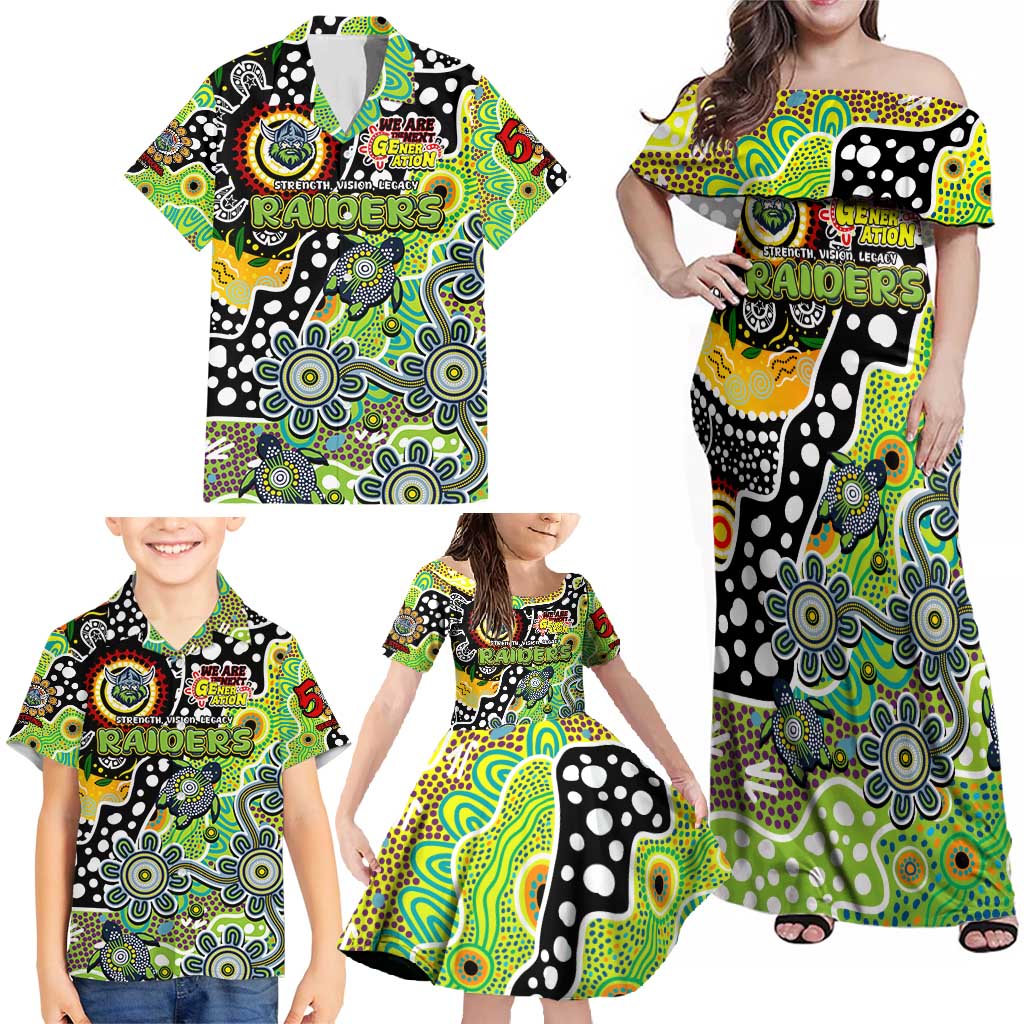 Personalised Raiders NRL Celebrating 50 Years of Naidoc Family Matching Off Shoulder Maxi Dress and Hawaiian Shirt NAIDOC Week 2025 Aboriginal