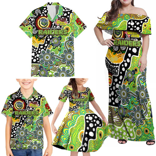 Personalised Raiders NRL Celebrating 50 Years of Naidoc Family Matching Off Shoulder Maxi Dress and Hawaiian Shirt NAIDOC Week 2025 Aboriginal