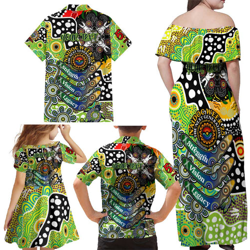 Personalised Raiders NRL Celebrating 50 Years of Naidoc Family Matching Off Shoulder Maxi Dress and Hawaiian Shirt NAIDOC Week 2025 Aboriginal