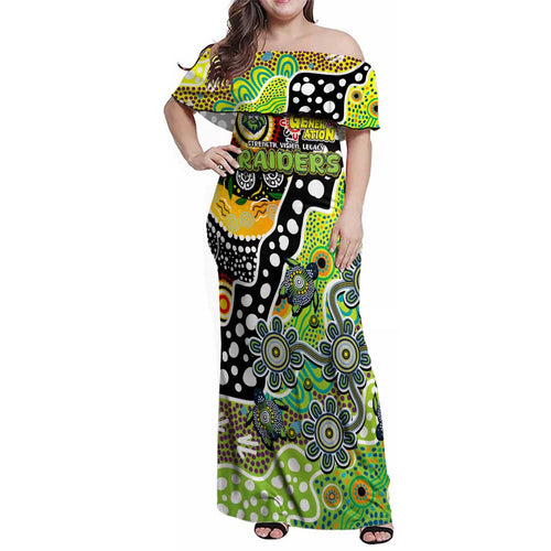 Personalised Raiders NRL Celebrating 50 Years of Naidoc Family Matching Off Shoulder Maxi Dress and Hawaiian Shirt NAIDOC Week 2025 Aboriginal