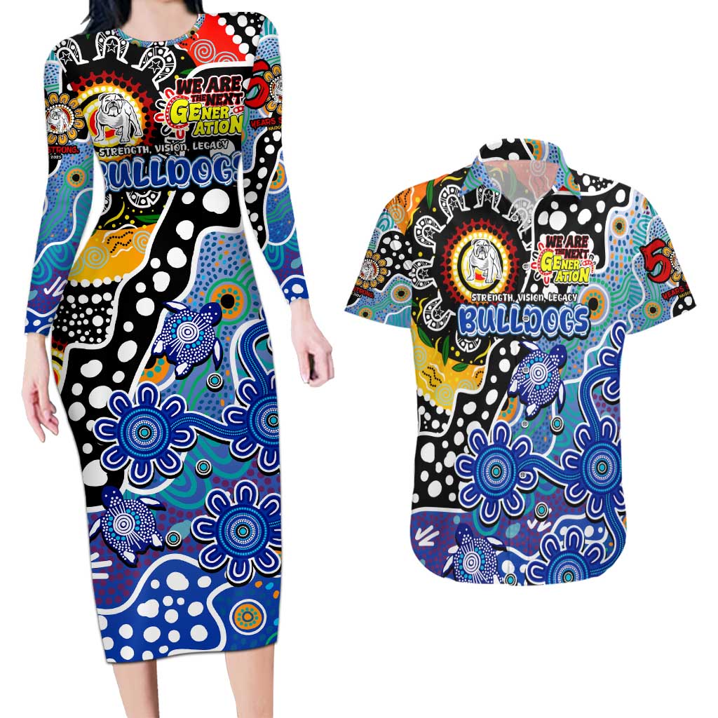Personalised Bulldogs NRL Celebrating 50 Years of Naidoc Couples Matching Long Sleeve Bodycon Dress and Hawaiian Shirt NAIDOC Week 2025 Aboriginal