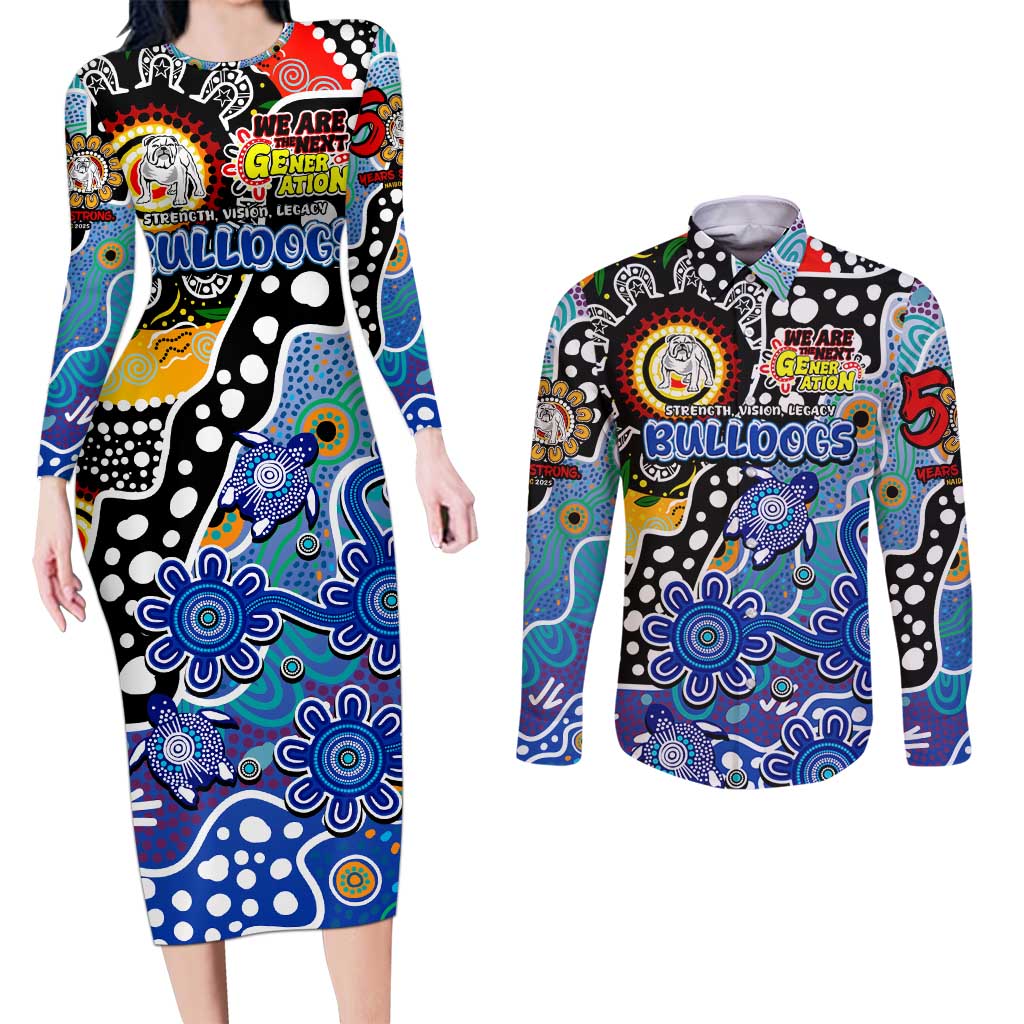 Personalised Bulldogs NRL Celebrating 50 Years of Naidoc Couples Matching Long Sleeve Bodycon Dress and Long Sleeve Button Shirt NAIDOC Week 2025 Aboriginal