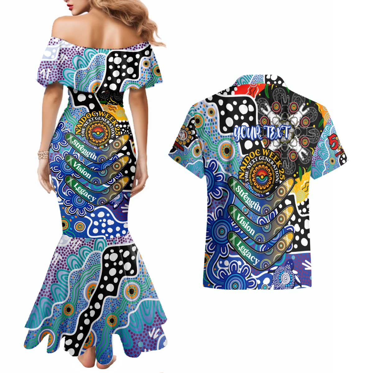 Personalised Bulldogs NRL Celebrating 50 Years of Naidoc Couples Matching Mermaid Dress and Hawaiian Shirt NAIDOC Week 2025 Aboriginal