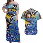 Personalised Bulldogs NRL Celebrating 50 Years of Naidoc Couples Matching Off Shoulder Maxi Dress and Hawaiian Shirt NAIDOC Week 2025 Aboriginal