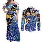 Personalised Bulldogs NRL Celebrating 50 Years of Naidoc Couples Matching Off Shoulder Maxi Dress and Long Sleeve Button Shirt NAIDOC Week 2025 Aboriginal