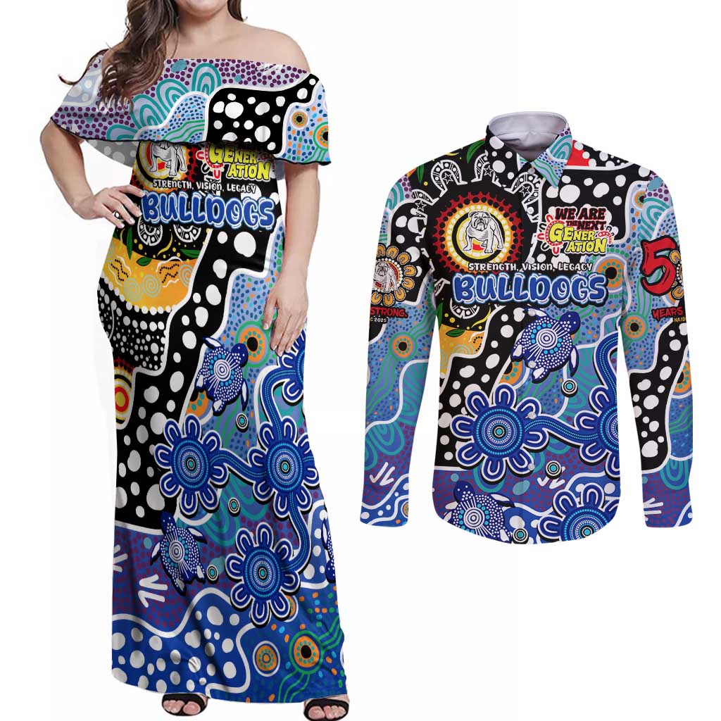 Personalised Bulldogs NRL Celebrating 50 Years of Naidoc Couples Matching Off Shoulder Maxi Dress and Long Sleeve Button Shirt NAIDOC Week 2025 Aboriginal