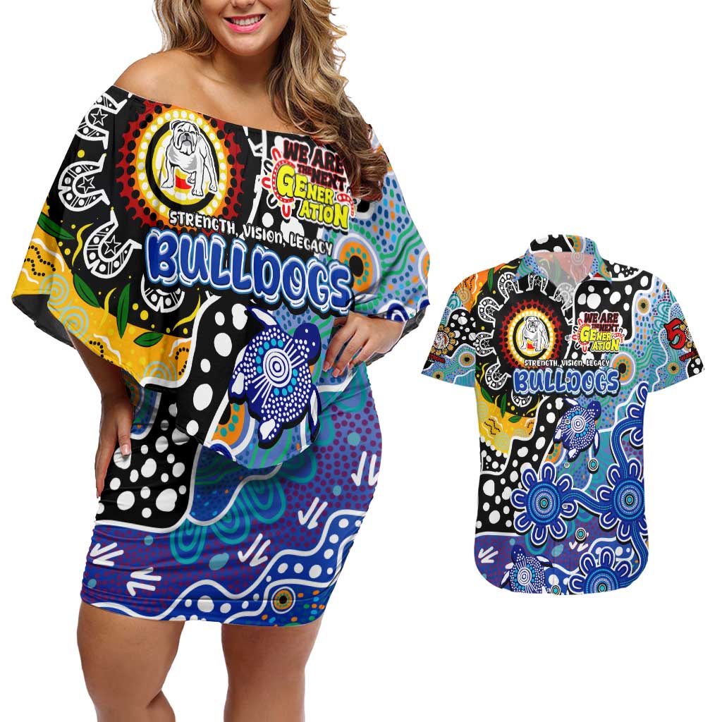 Personalised Bulldogs NRL Celebrating 50 Years of Naidoc Couples Matching Off Shoulder Short Dress and Hawaiian Shirt NAIDOC Week 2025 Aboriginal