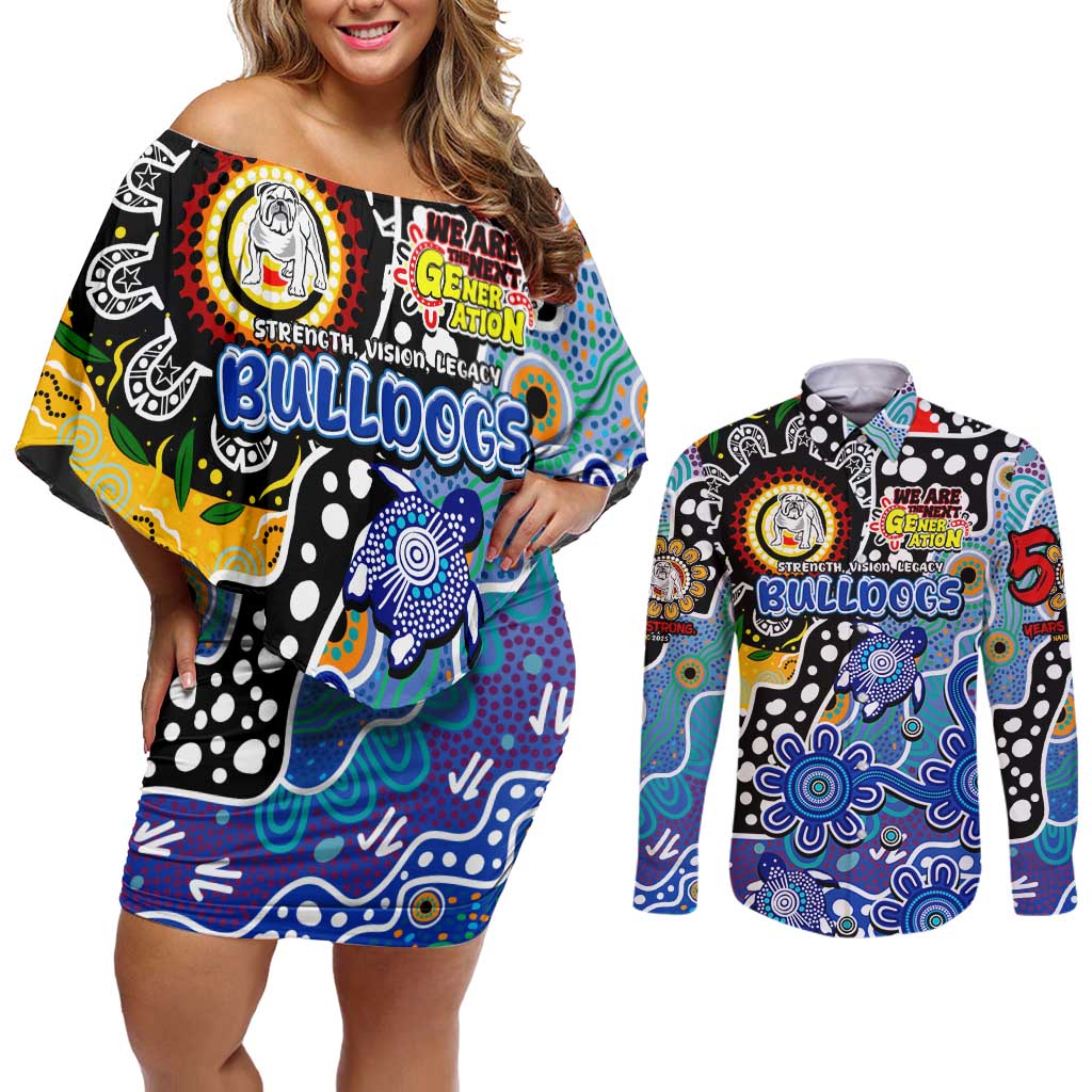 Personalised Bulldogs NRL Celebrating 50 Years of Naidoc Couples Matching Off Shoulder Short Dress and Long Sleeve Button Shirt NAIDOC Week 2025 Aboriginal