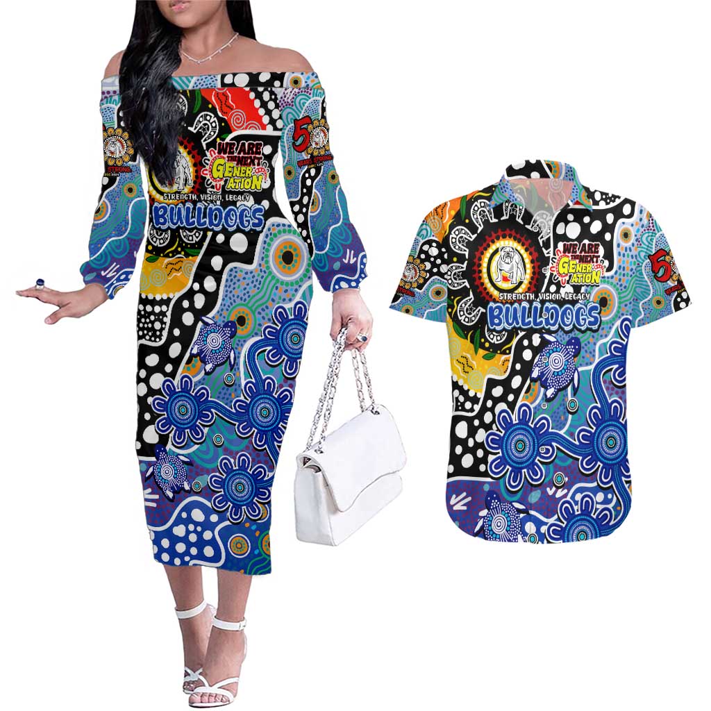 Personalised Bulldogs NRL Celebrating 50 Years of Naidoc Couples Matching Off The Shoulder Long Sleeve Dress and Hawaiian Shirt NAIDOC Week 2025 Aboriginal