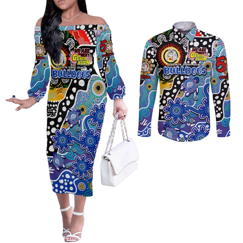 Personalised Bulldogs NRL Celebrating 50 Years of Naidoc Couples Matching Off The Shoulder Long Sleeve Dress and Long Sleeve Button Shirt NAIDOC Week 2025 Aboriginal