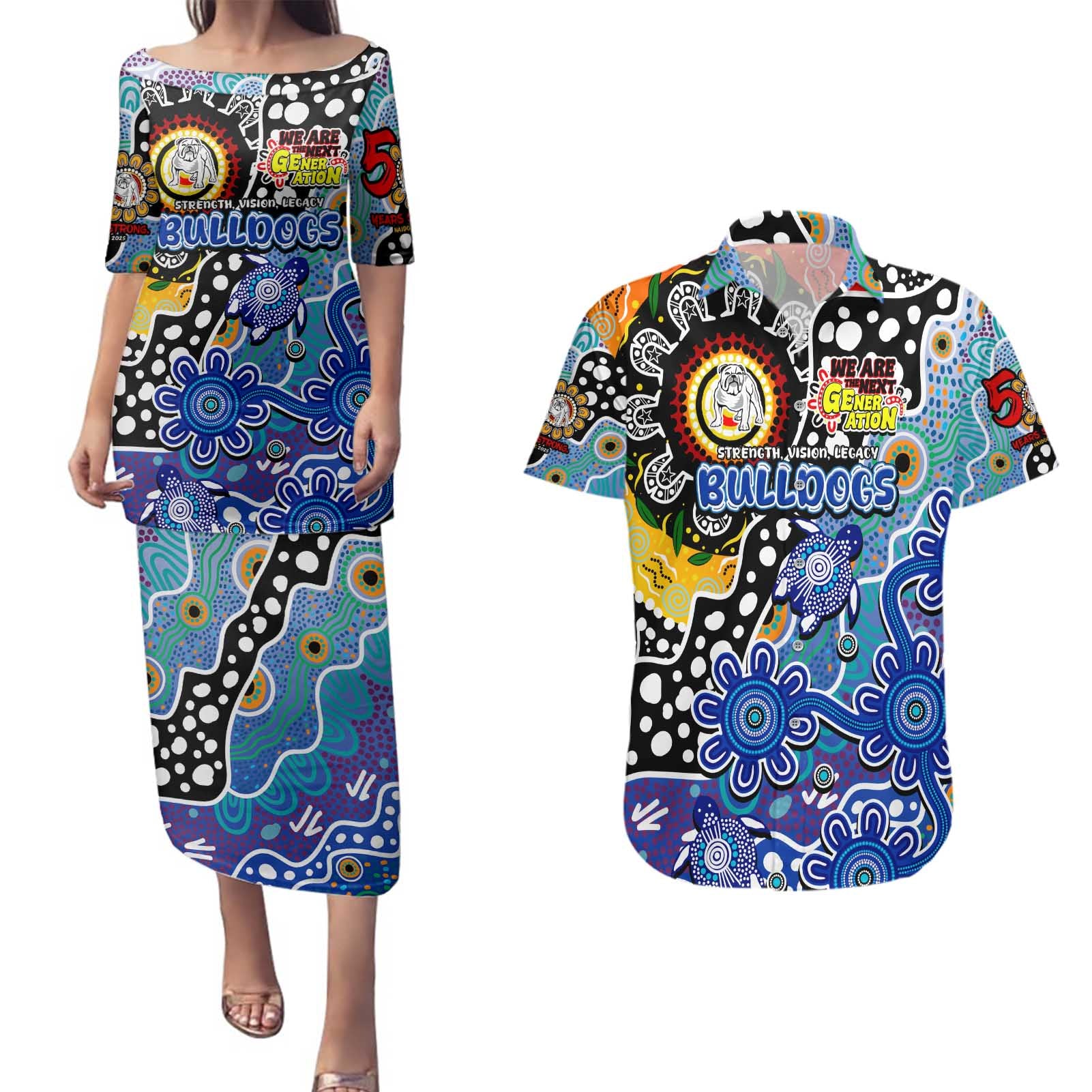 Personalised Bulldogs NRL Celebrating 50 Years of Naidoc Couples Matching Puletasi and Hawaiian Shirt NAIDOC Week 2025 Aboriginal