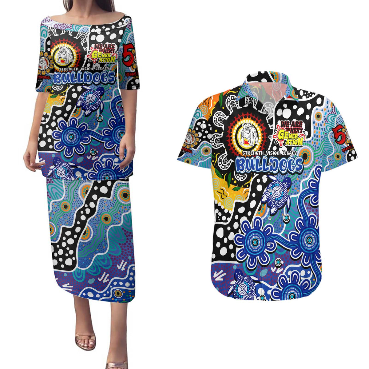 Personalised Bulldogs NRL Celebrating 50 Years of Naidoc Couples Matching Puletasi and Hawaiian Shirt NAIDOC Week 2025 Aboriginal