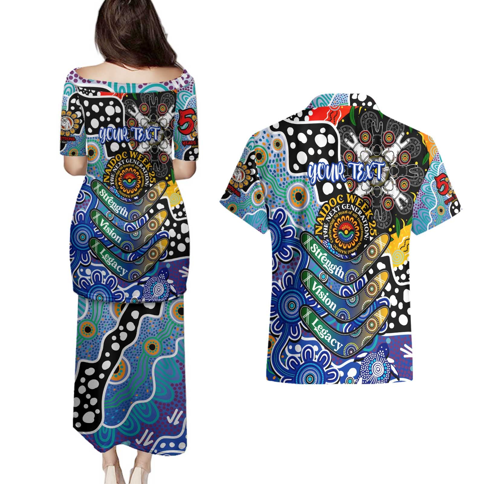 Personalised Bulldogs NRL Celebrating 50 Years of Naidoc Couples Matching Puletasi and Hawaiian Shirt NAIDOC Week 2025 Aboriginal