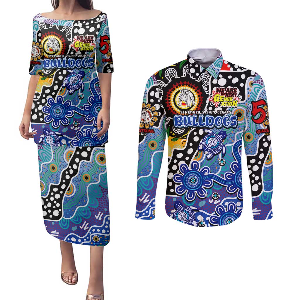 Personalised Bulldogs NRL Celebrating 50 Years of Naidoc Couples Matching Puletasi and Long Sleeve Button Shirt NAIDOC Week 2025 Aboriginal