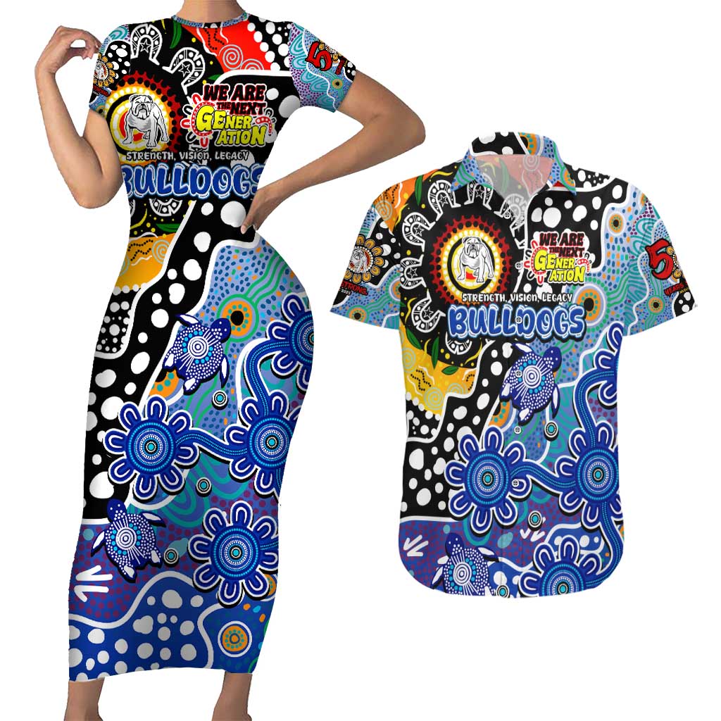 Personalised Bulldogs NRL Celebrating 50 Years of Naidoc Couples Matching Short Sleeve Bodycon Dress and Hawaiian Shirt NAIDOC Week 2025 Aboriginal