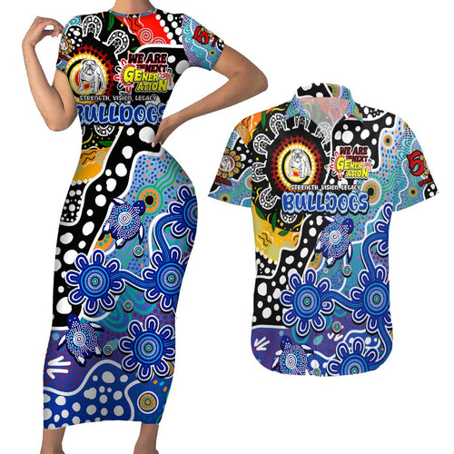 Personalised Bulldogs NRL Celebrating 50 Years of Naidoc Couples Matching Short Sleeve Bodycon Dress and Hawaiian Shirt NAIDOC Week 2025 Aboriginal