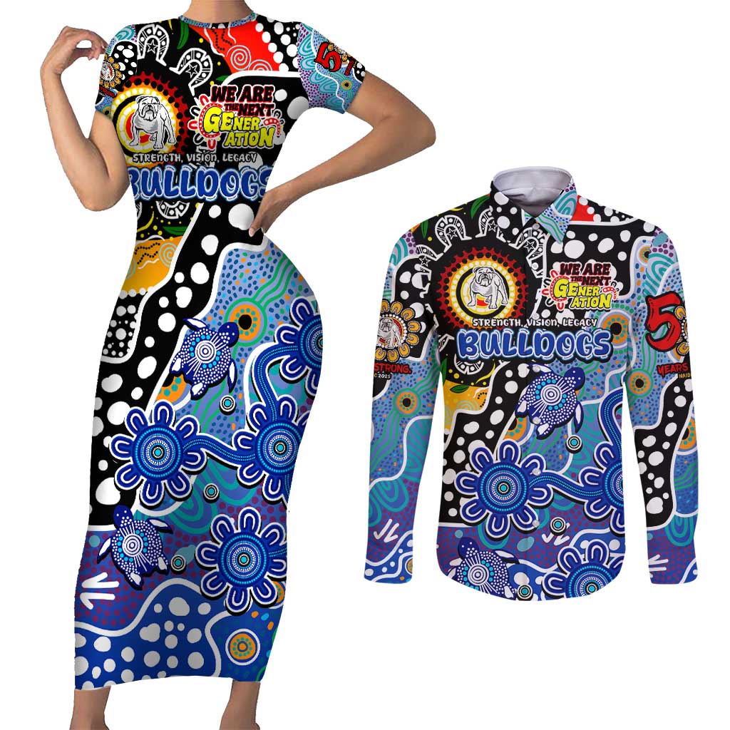Personalised Bulldogs NRL Celebrating 50 Years of Naidoc Couples Matching Short Sleeve Bodycon Dress and Long Sleeve Button Shirt NAIDOC Week 2025 Aboriginal