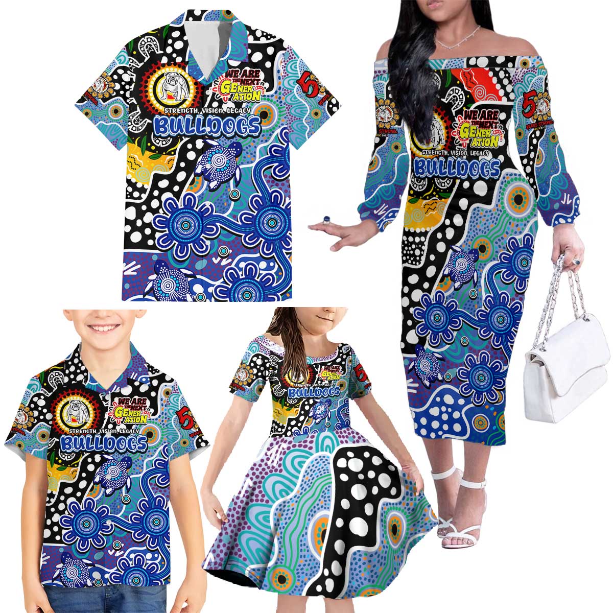 Personalised Bulldogs NRL Celebrating 50 Years of Naidoc Family Matching Off The Shoulder Long Sleeve Dress and Hawaiian Shirt NAIDOC Week 2025 Aboriginal