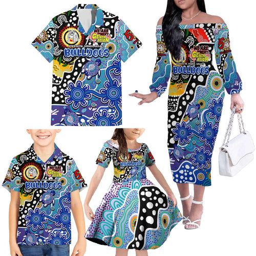 Personalised Bulldogs NRL Celebrating 50 Years of Naidoc Family Matching Off The Shoulder Long Sleeve Dress and Hawaiian Shirt NAIDOC Week 2025 Aboriginal