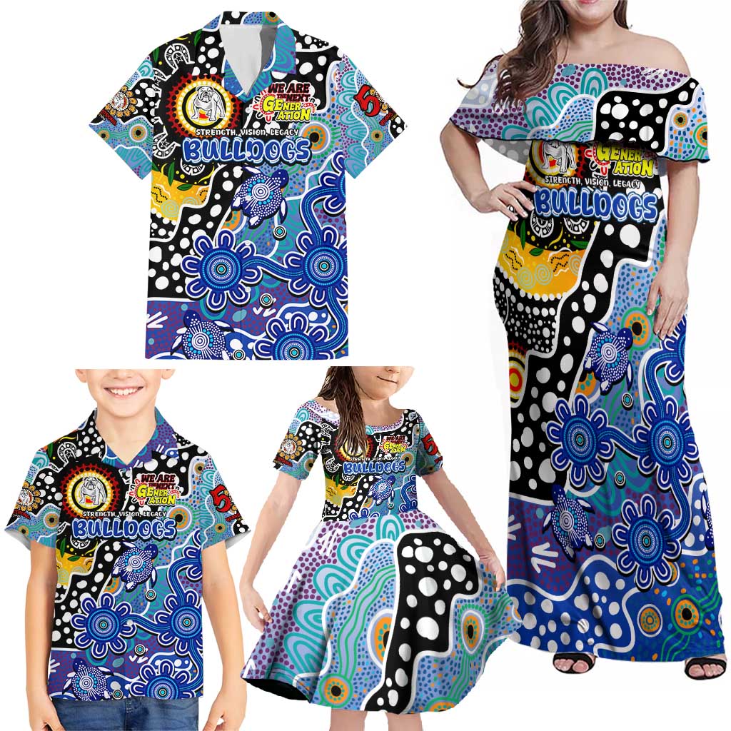 Personalised Bulldogs NRL Celebrating 50 Years of Naidoc Family Matching Off Shoulder Maxi Dress and Hawaiian Shirt NAIDOC Week 2025 Aboriginal