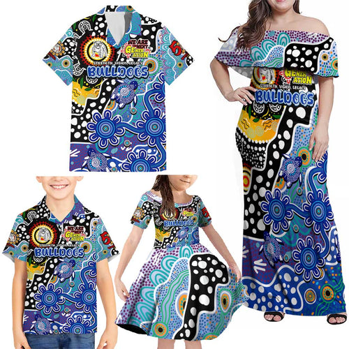 Personalised Bulldogs NRL Celebrating 50 Years of Naidoc Family Matching Off Shoulder Maxi Dress and Hawaiian Shirt NAIDOC Week 2025 Aboriginal