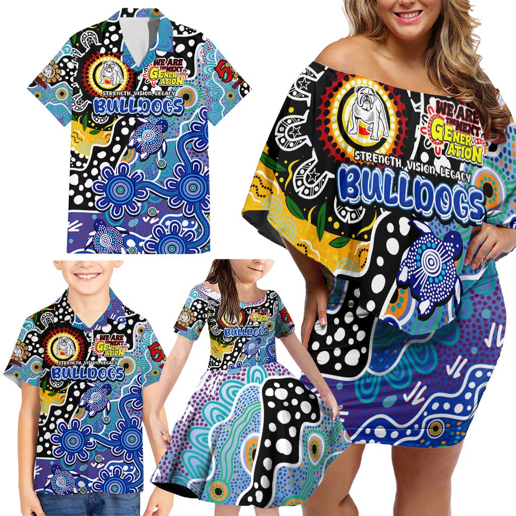 Personalised Bulldogs NRL Celebrating 50 Years of Naidoc Family Matching Off Shoulder Short Dress and Hawaiian Shirt NAIDOC Week 2025 Aboriginal