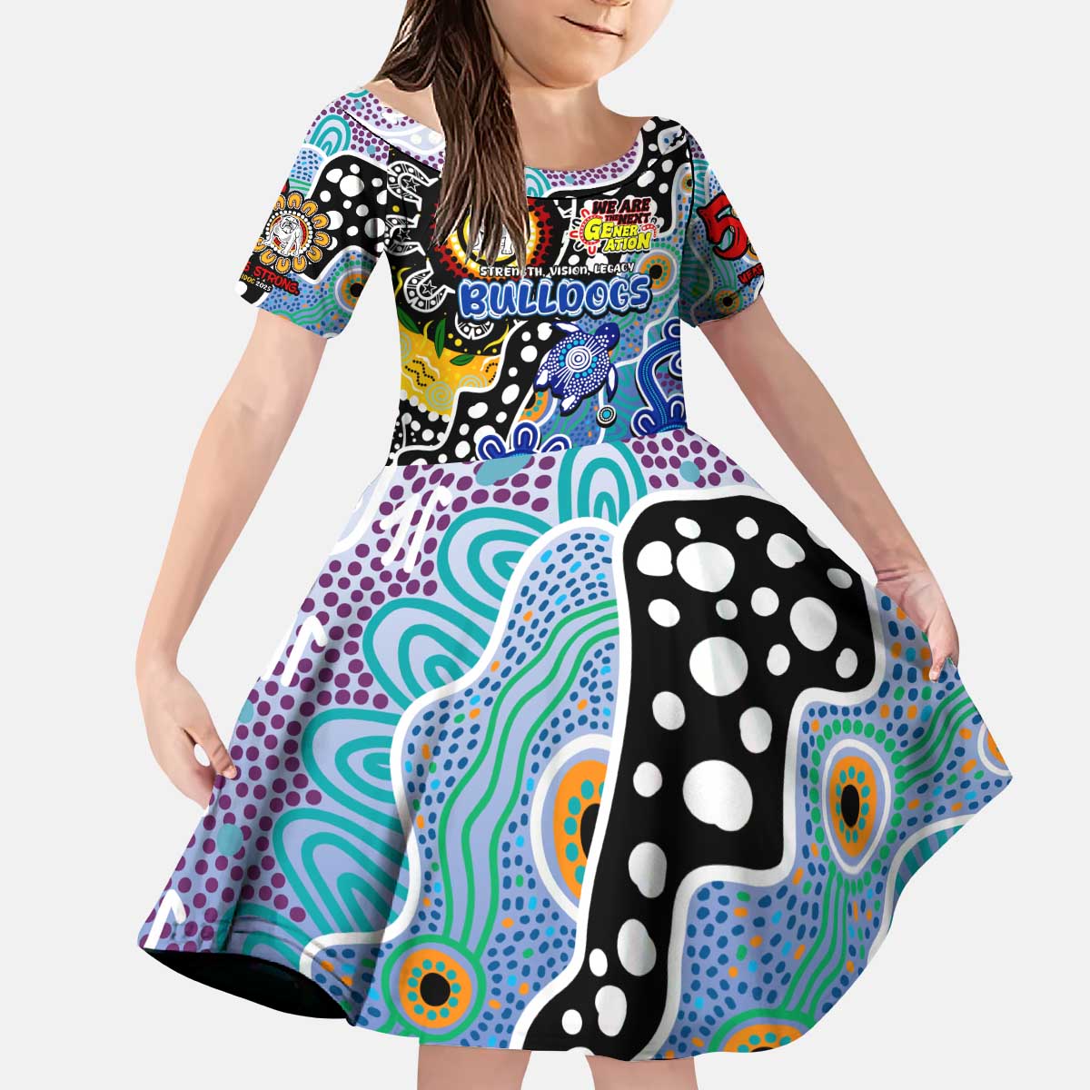 Personalised Bulldogs NRL Celebrating 50 Years of Naidoc Kid Short Sleeve Dress NAIDOC Week 2025 Aboriginal
