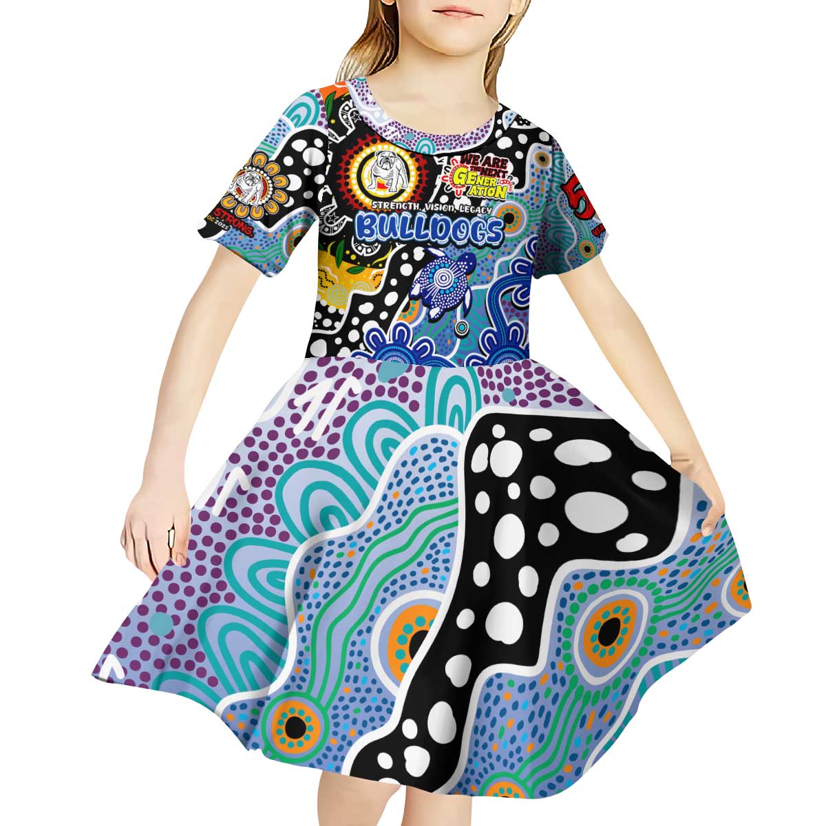 Personalised Bulldogs NRL Celebrating 50 Years of Naidoc Kid Short Sleeve Dress NAIDOC Week 2025 Aboriginal
