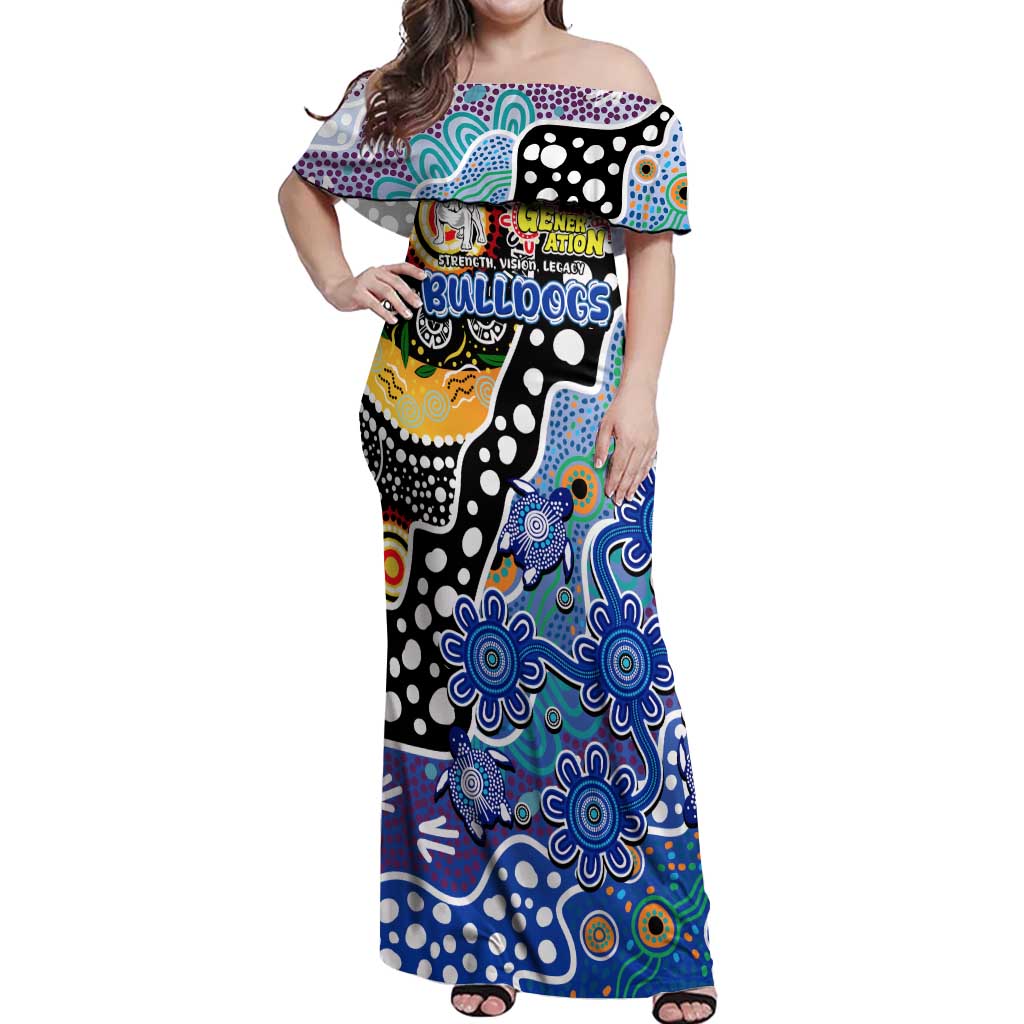 Personalised Bulldogs NRL Celebrating 50 Years of Naidoc Off Shoulder Maxi Dress NAIDOC Week 2025 Aboriginal