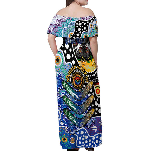 Personalised Bulldogs NRL Celebrating 50 Years of Naidoc Off Shoulder Maxi Dress NAIDOC Week 2025 Aboriginal