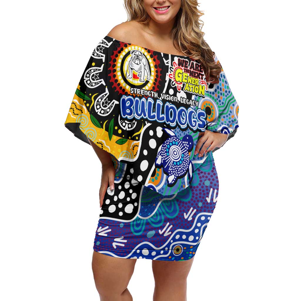 Personalised Bulldogs NRL Celebrating 50 Years of Naidoc Off Shoulder Short Dress NAIDOC Week 2025 Aboriginal