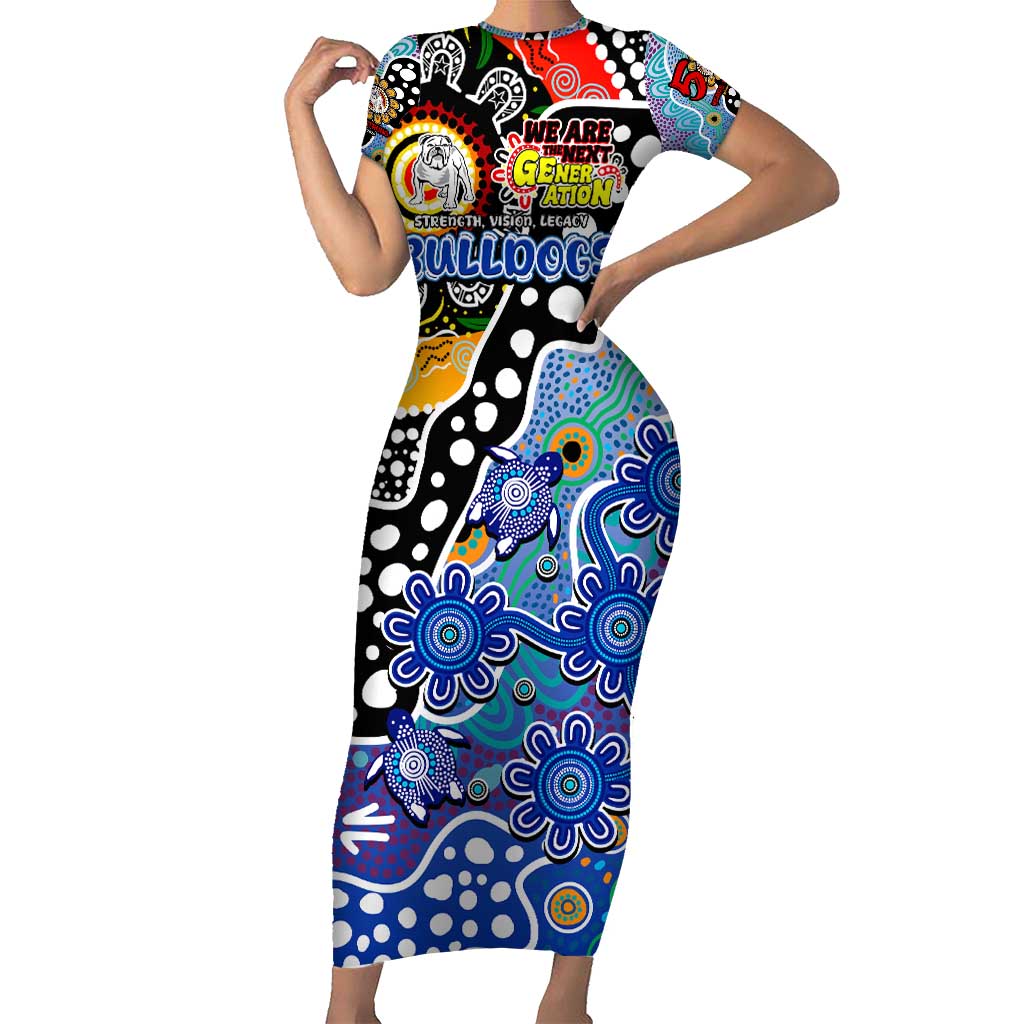 Personalised Bulldogs NRL Celebrating 50 Years of Naidoc Short Sleeve Bodycon Dress NAIDOC Week 2025 Aboriginal