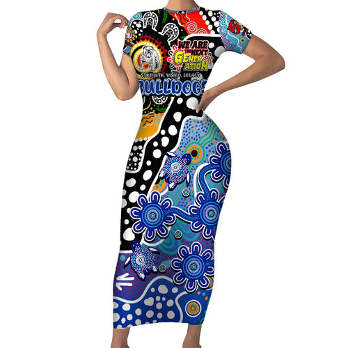 Personalised Bulldogs NRL Celebrating 50 Years of Naidoc Short Sleeve Bodycon Dress NAIDOC Week 2025 Aboriginal