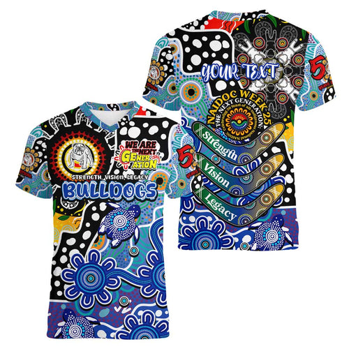 Personalised Bulldogs NRL Celebrating 50 Years of Naidoc Women V-Neck T-Shirt NAIDOC Week 2025 Aboriginal