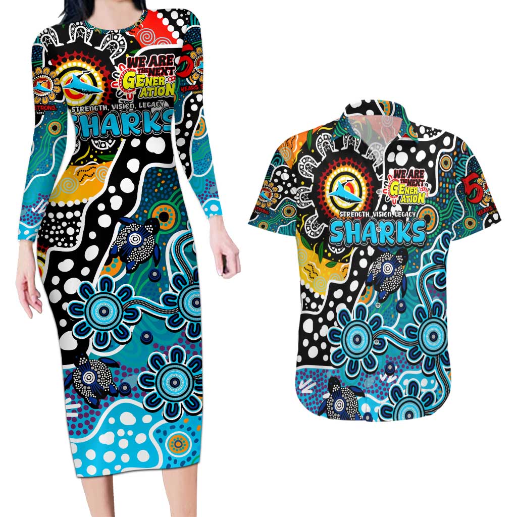 Personalised Sharks NRL Celebrating 50 Years of Naidoc Couples Matching Long Sleeve Bodycon Dress and Hawaiian Shirt NAIDOC Week 2025 Aboriginal