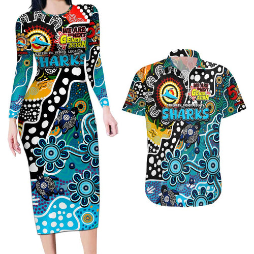 Personalised Sharks NRL Celebrating 50 Years of Naidoc Couples Matching Long Sleeve Bodycon Dress and Hawaiian Shirt NAIDOC Week 2025 Aboriginal