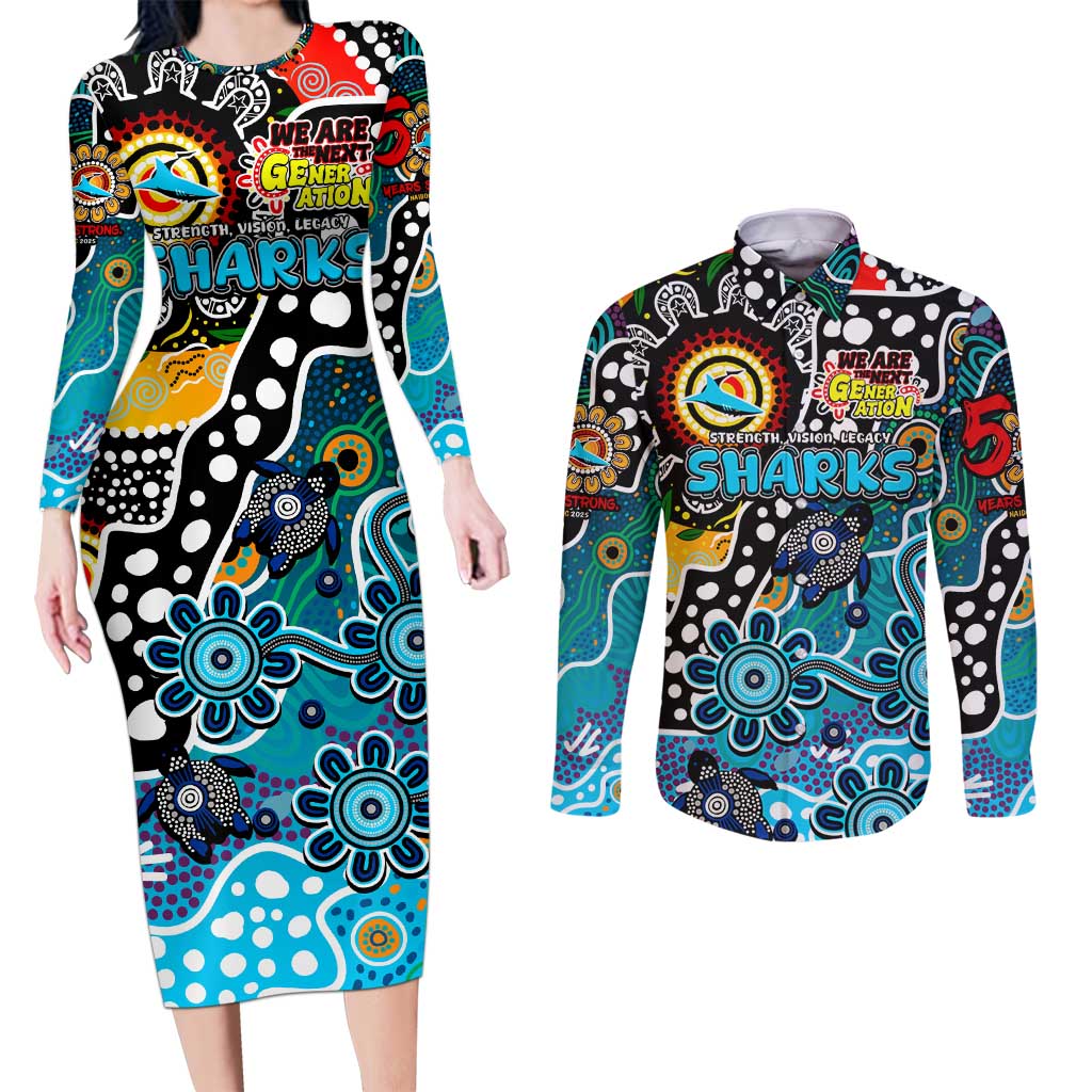 Personalised Sharks NRL Celebrating 50 Years of Naidoc Couples Matching Long Sleeve Bodycon Dress and Long Sleeve Button Shirt NAIDOC Week 2025 Aboriginal