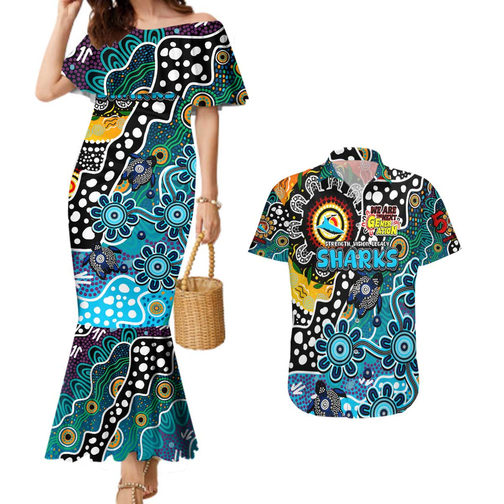 Personalised Sharks NRL Celebrating 50 Years of Naidoc Couples Matching Mermaid Dress and Hawaiian Shirt NAIDOC Week 2025 Aboriginal