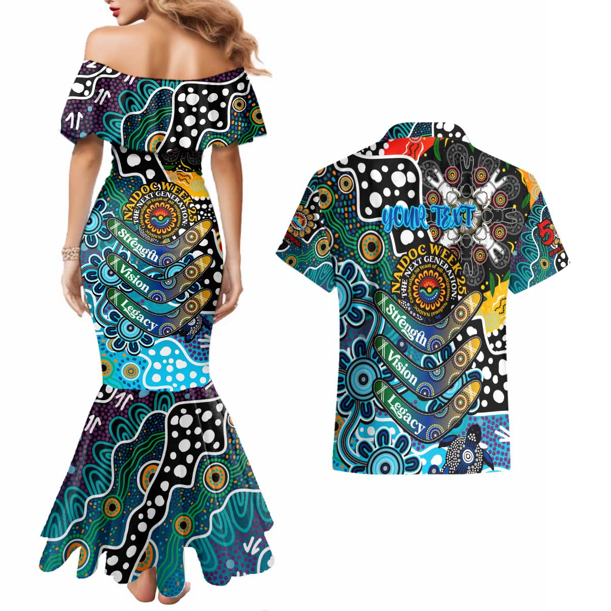 Personalised Sharks NRL Celebrating 50 Years of Naidoc Couples Matching Mermaid Dress and Hawaiian Shirt NAIDOC Week 2025 Aboriginal