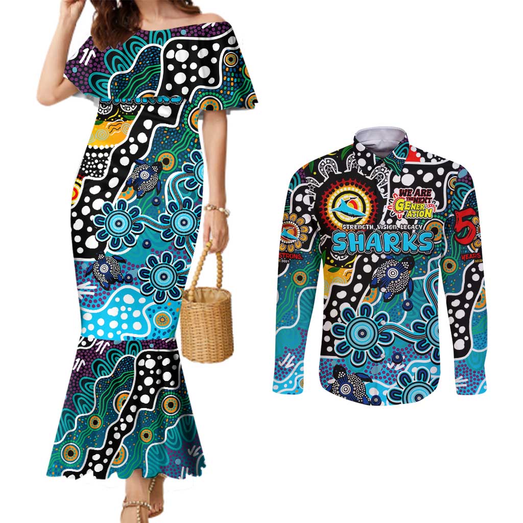 Personalised Sharks NRL Celebrating 50 Years of Naidoc Couples Matching Mermaid Dress and Long Sleeve Button Shirt NAIDOC Week 2025 Aboriginal
