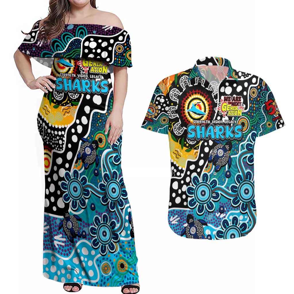 Personalised Sharks NRL Celebrating 50 Years of Naidoc Couples Matching Off Shoulder Maxi Dress and Hawaiian Shirt NAIDOC Week 2025 Aboriginal
