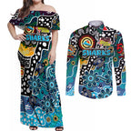 Personalised Sharks NRL Celebrating 50 Years of Naidoc Couples Matching Off Shoulder Maxi Dress and Long Sleeve Button Shirt NAIDOC Week 2025 Aboriginal