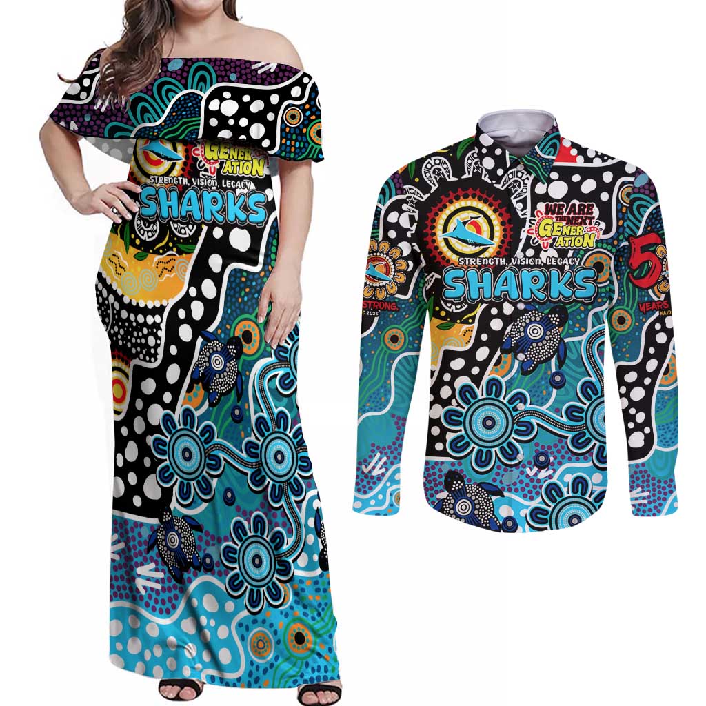 Personalised Sharks NRL Celebrating 50 Years of Naidoc Couples Matching Off Shoulder Maxi Dress and Long Sleeve Button Shirt NAIDOC Week 2025 Aboriginal