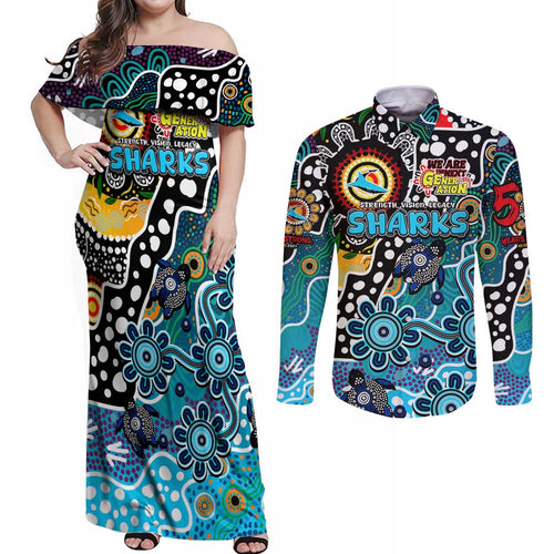 Personalised Sharks NRL Celebrating 50 Years of Naidoc Couples Matching Off Shoulder Maxi Dress and Long Sleeve Button Shirt NAIDOC Week 2025 Aboriginal