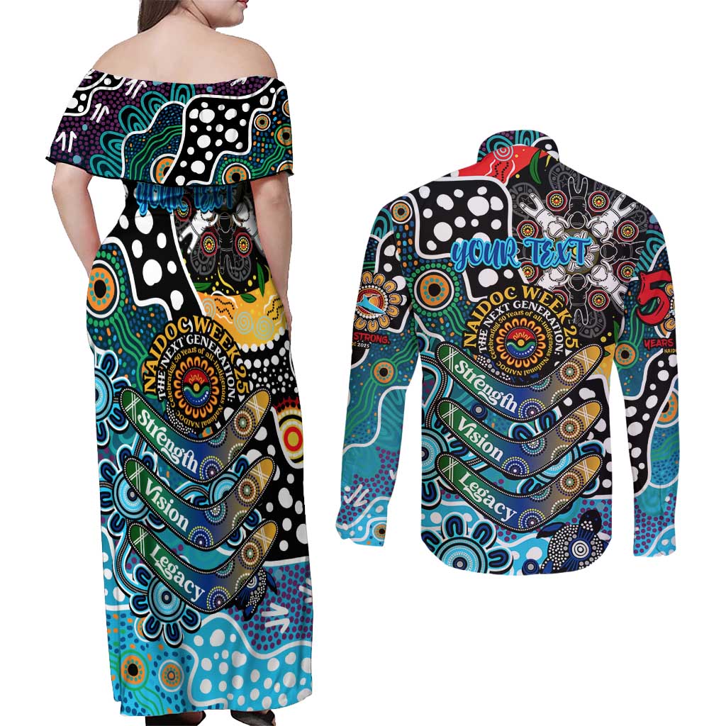 Personalised Sharks NRL Celebrating 50 Years of Naidoc Couples Matching Off Shoulder Maxi Dress and Long Sleeve Button Shirt NAIDOC Week 2025 Aboriginal