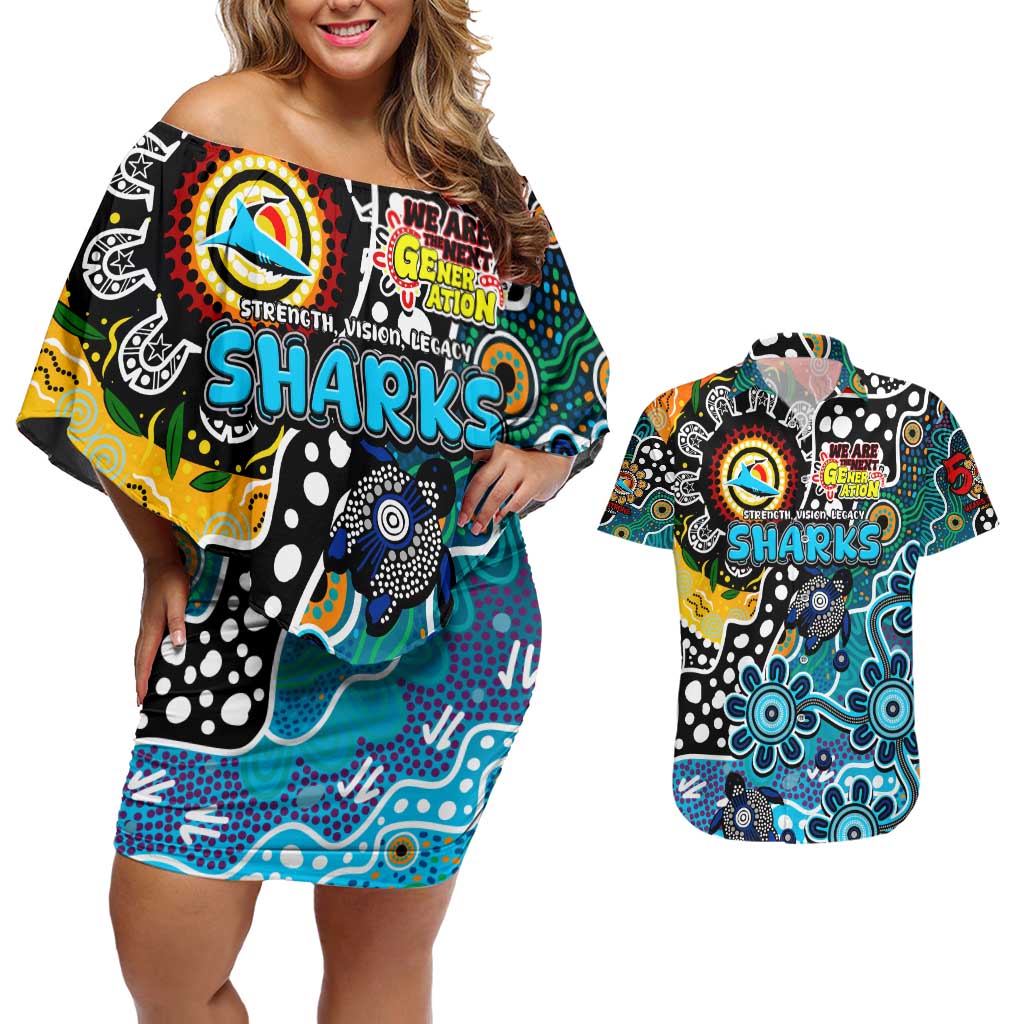 Personalised Sharks NRL Celebrating 50 Years of Naidoc Couples Matching Off Shoulder Short Dress and Hawaiian Shirt NAIDOC Week 2025 Aboriginal