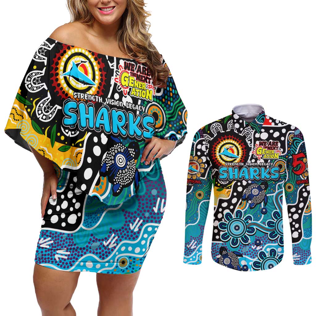 Personalised Sharks NRL Celebrating 50 Years of Naidoc Couples Matching Off Shoulder Short Dress and Long Sleeve Button Shirt NAIDOC Week 2025 Aboriginal