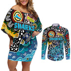 Personalised Sharks NRL Celebrating 50 Years of Naidoc Couples Matching Off Shoulder Short Dress and Long Sleeve Button Shirt NAIDOC Week 2025 Aboriginal