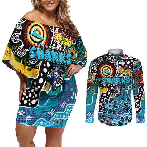Personalised Sharks NRL Celebrating 50 Years of Naidoc Couples Matching Off Shoulder Short Dress and Long Sleeve Button Shirt NAIDOC Week 2025 Aboriginal